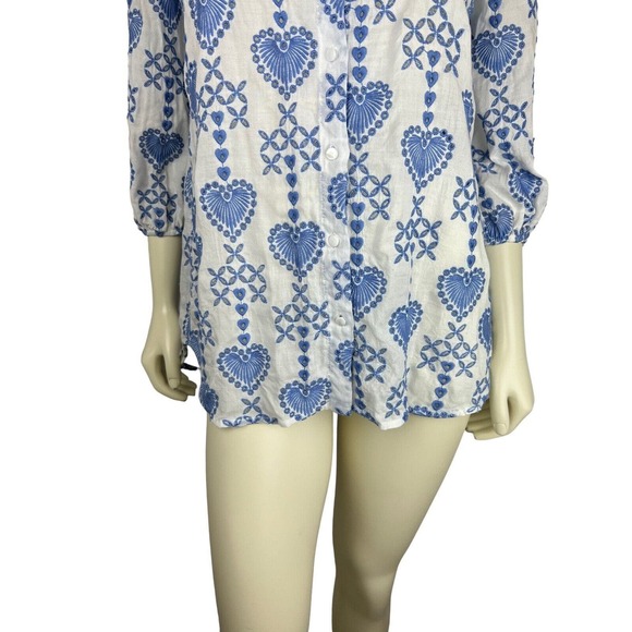 Johnny Was Jade Heart Embroidered Top Size XS Maeve Button Down White Blue Boho - Picture 6 of 12